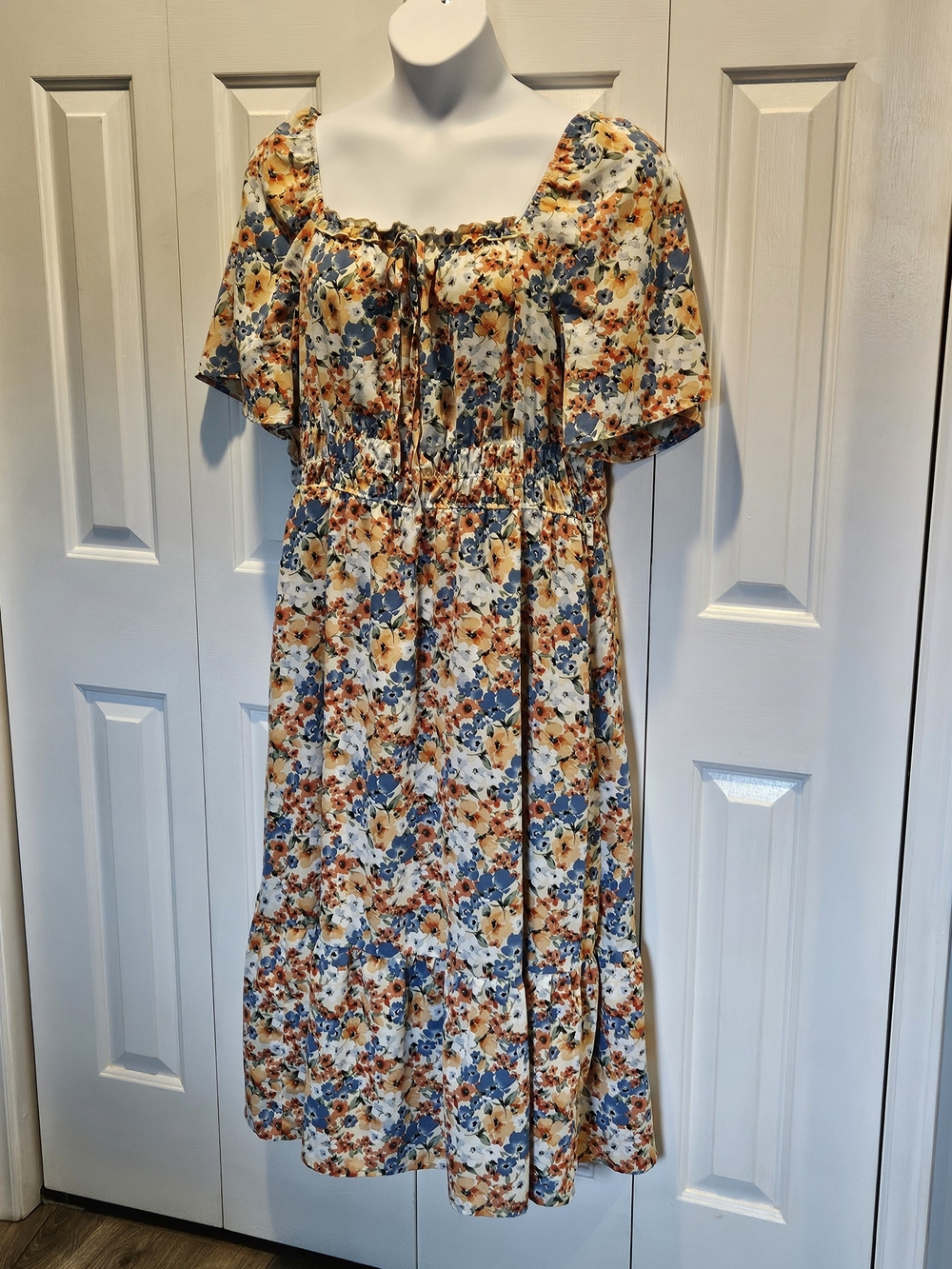 BloomChic Floral Midi Dress in Blue, Yellow, Orange & White
